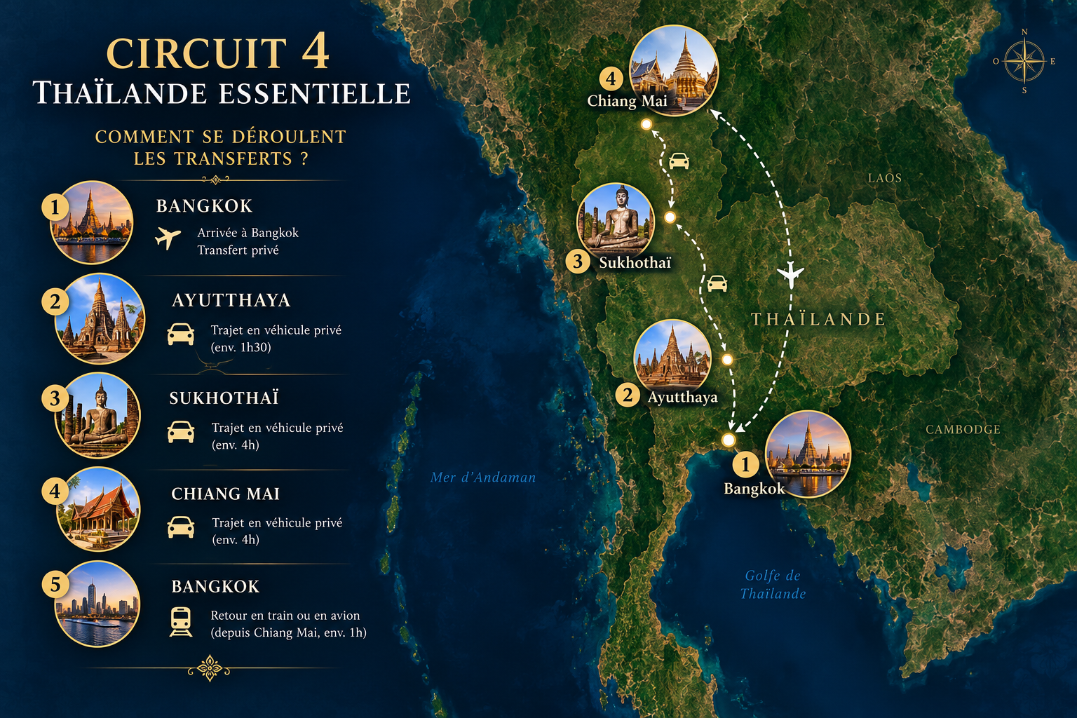 Carte des transferts — circuit 4 Thaïlande essentielle