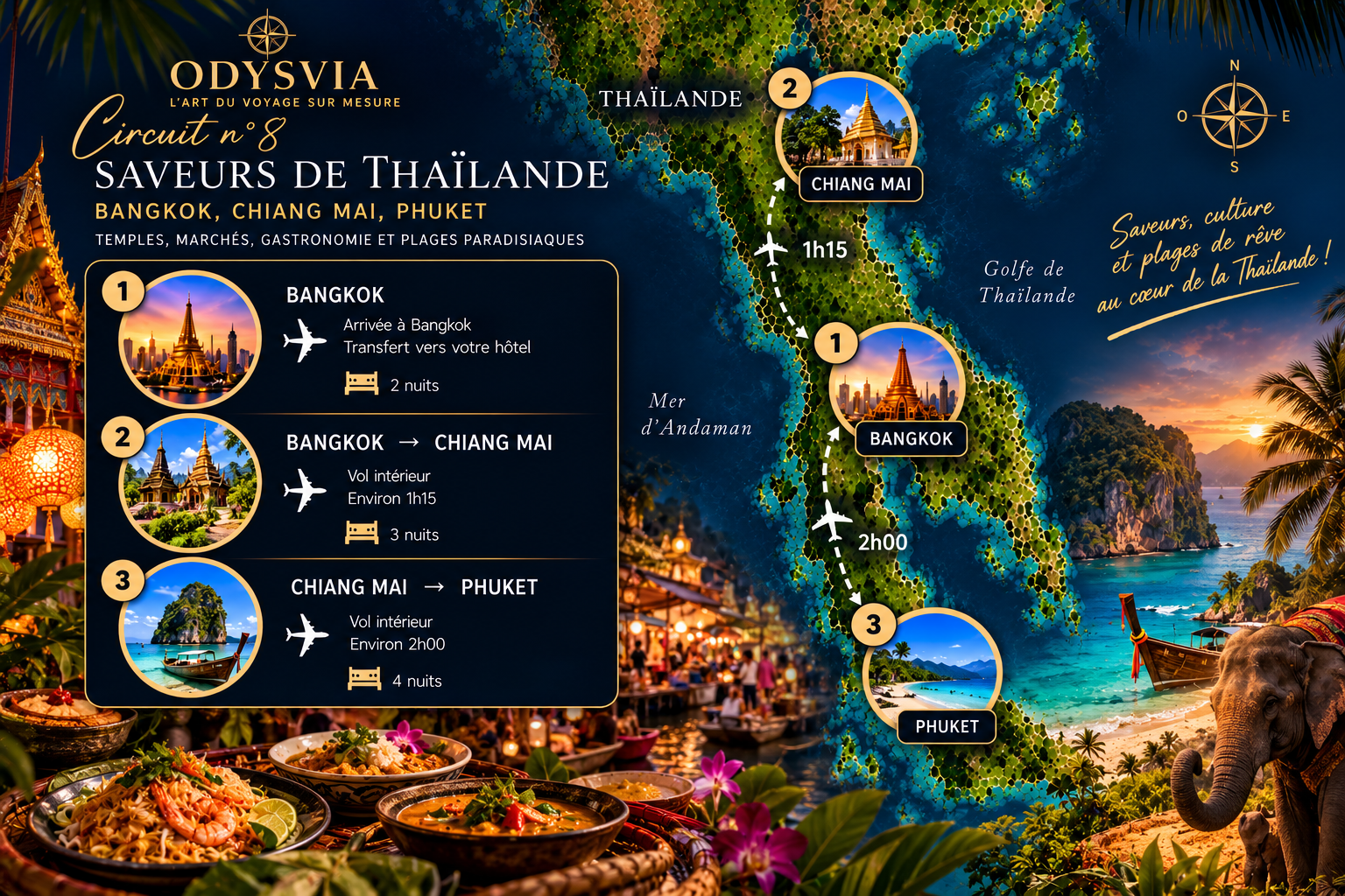 Carte des transferts du circuit 8 : Bangkok, Chiang Mai et Phuket