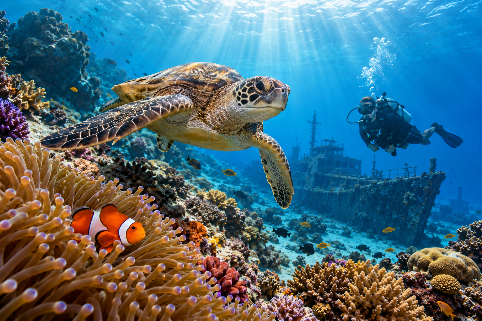 Diving illustration in Koh Tao: turtle, clownfish, anemones, diver and wreck.