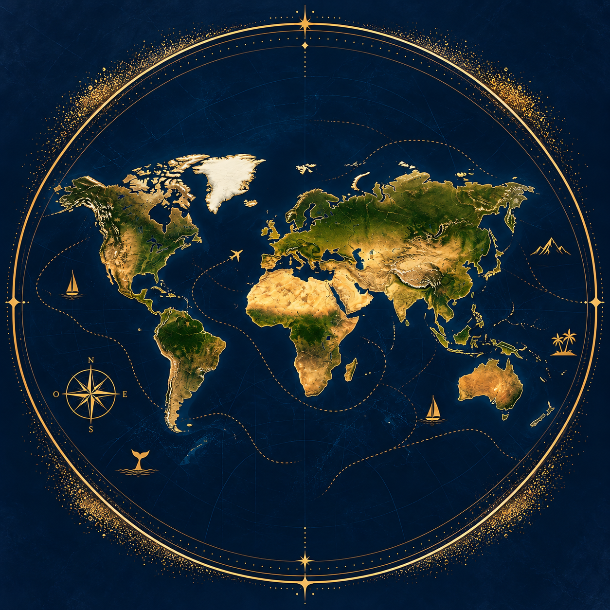 ODYSVIA world map on a midnight-blue background with gold details
