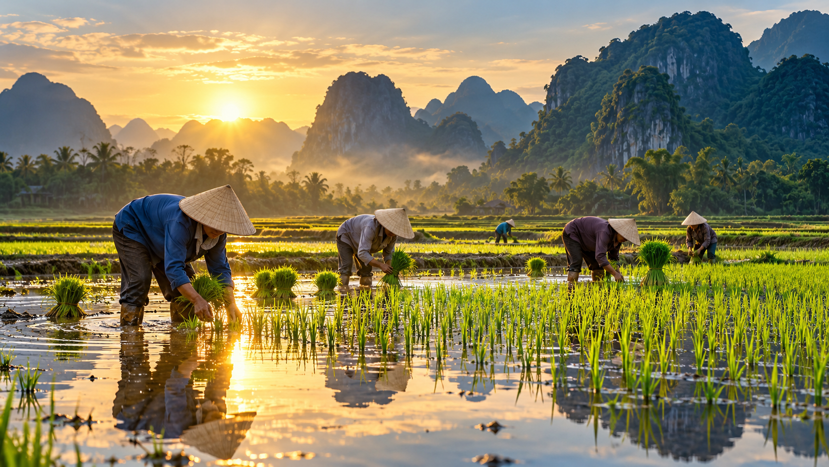 Illustration de personnes travaillant dans les rizières au Vietnam