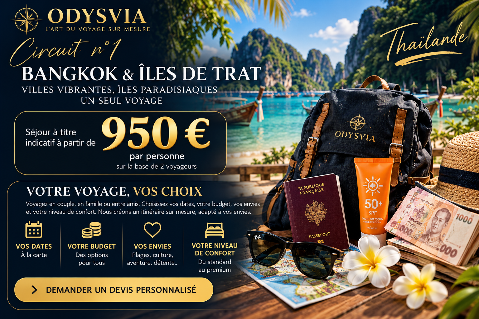 Sac à dos, lunettes de soleil, crème solaire, passeport et billets en bahts thaïlandais